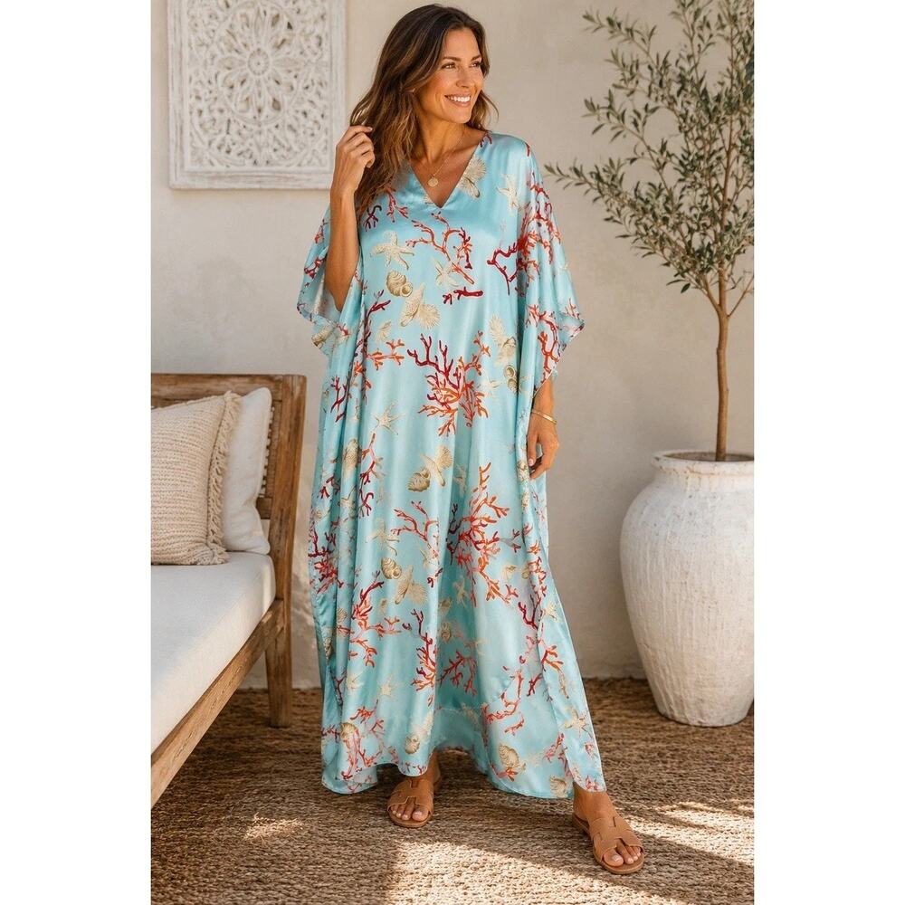 Vintage Winlar 1990's Coastal Themed Satin Kaftan Maxi Dress One Size Fits Most